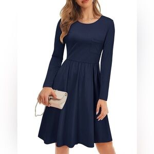 NWT Ouges Casual Knit Navy Blue Knee Length Stretchy Long Sleeve Dress Sz S